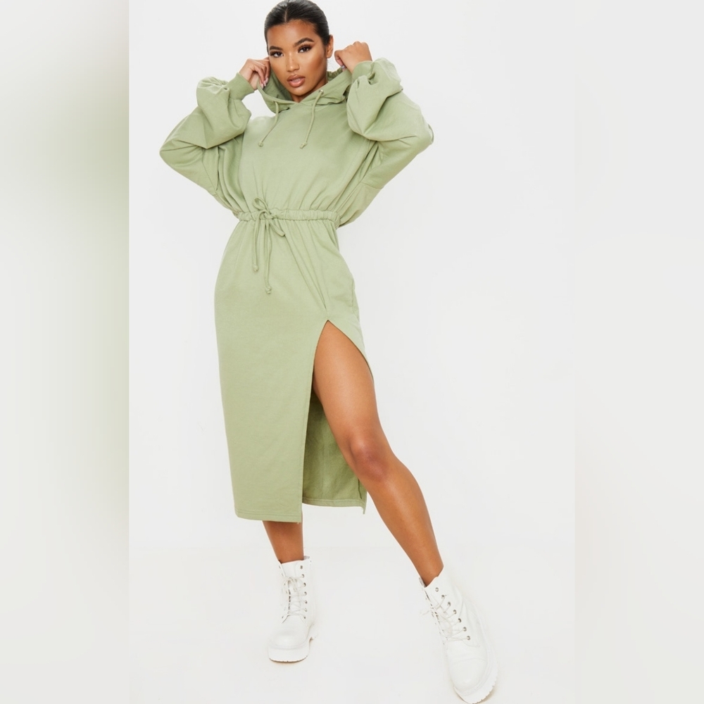 Prettylittlething Oversized Sage Green Sweat Hoodie Split Midi Dress Size 2
